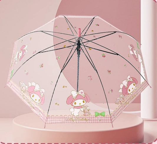 Sanrio My Melody Kawaii Semi-Auto Transparent Cute Fashionable Dome-Shaped Vinyl Stick Umbrella.