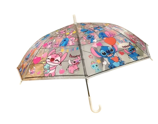 Disney Stitch & Angel Cartoon Transparent  8 Fiberglass Rib 21" Frosted Stick Umbrella. Best Gift.